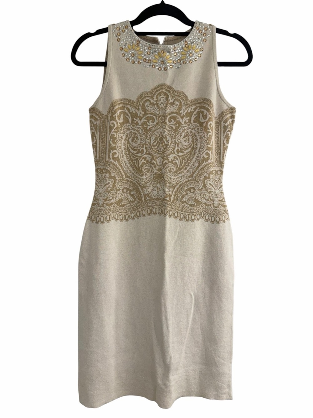 ✅ St. John Ivory Midi Dress with Gold Crystal appliqué Detail size 2